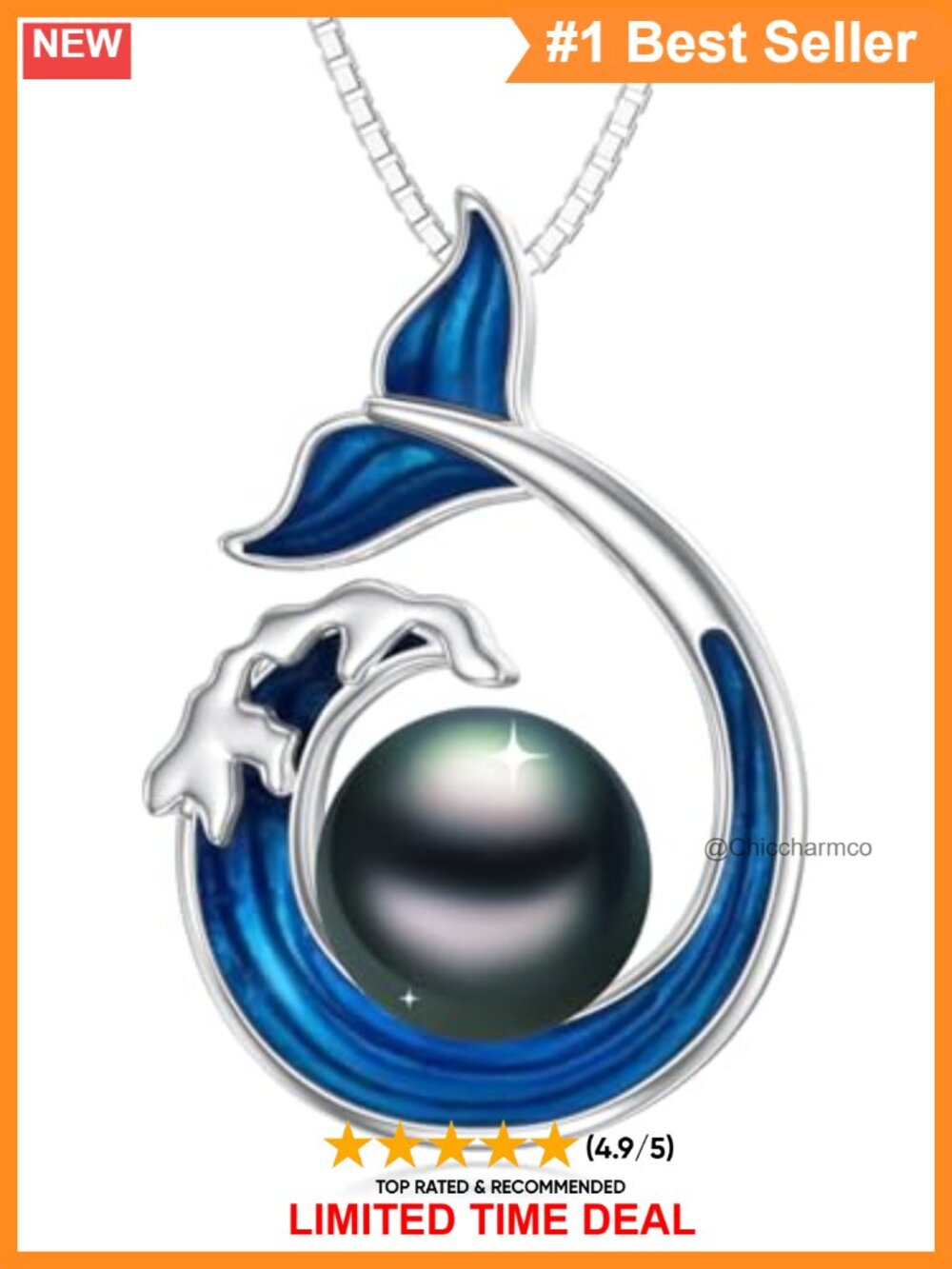 Black Pearl Pendant Necklace 925 Sterling Silver 18K White Gold Plated